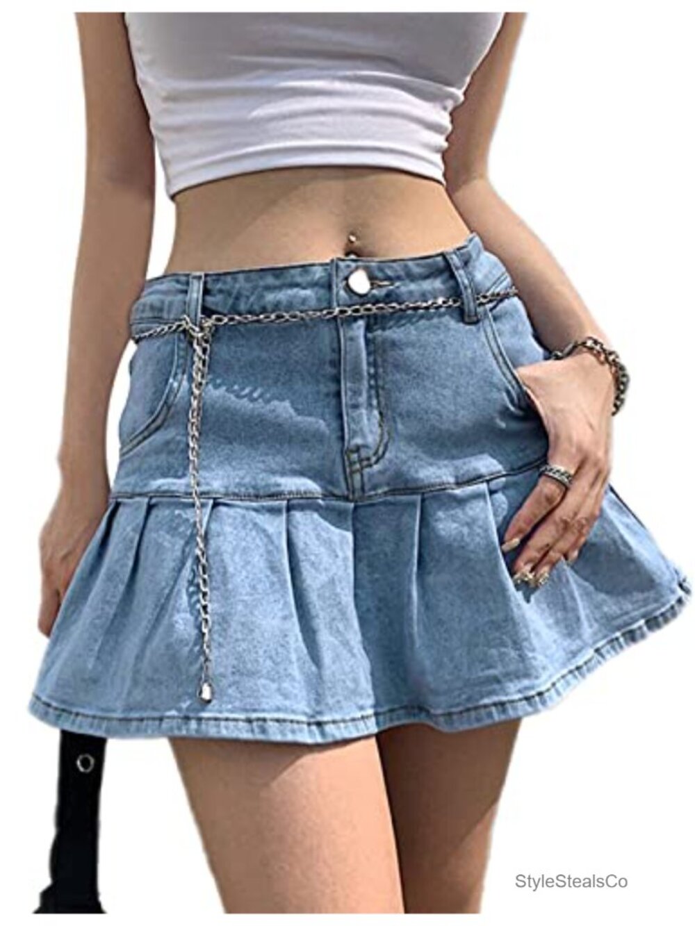 Denim Skort Mini Skirt Built in Shorts A Line Ruffle Pleated Jean Skirt